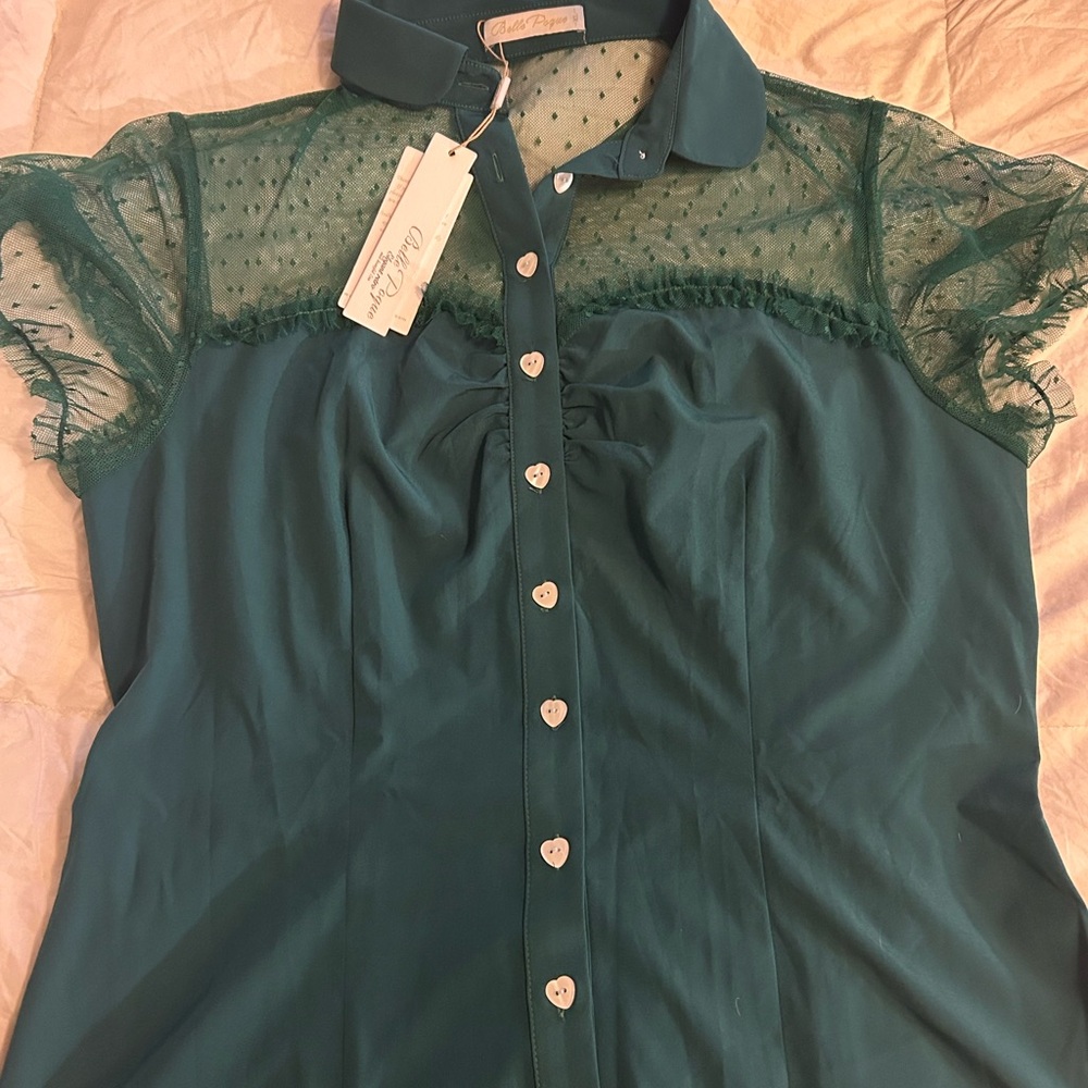 Elegant Teal Blouse with Lace Sleeves
